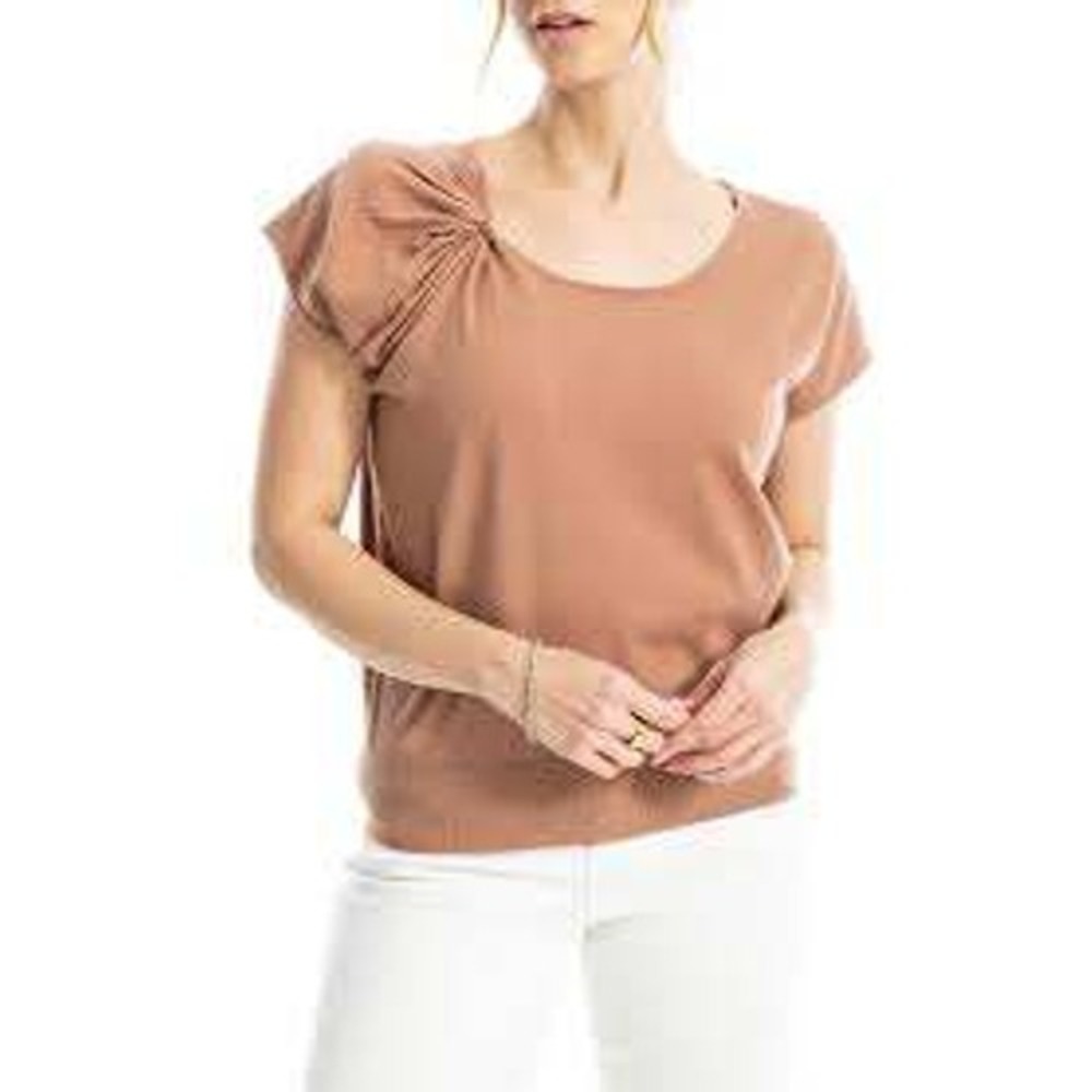 Max Studio London Rosegold Shoulder Twist Knot Cap Sleeve Sweater Top Large NWT